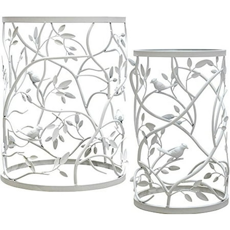 Bird End Table Palais Furnishings 'Feuilles' Side Table, Metal Barrel End Table, (Branch & Bird Design White - Set of 2) ()