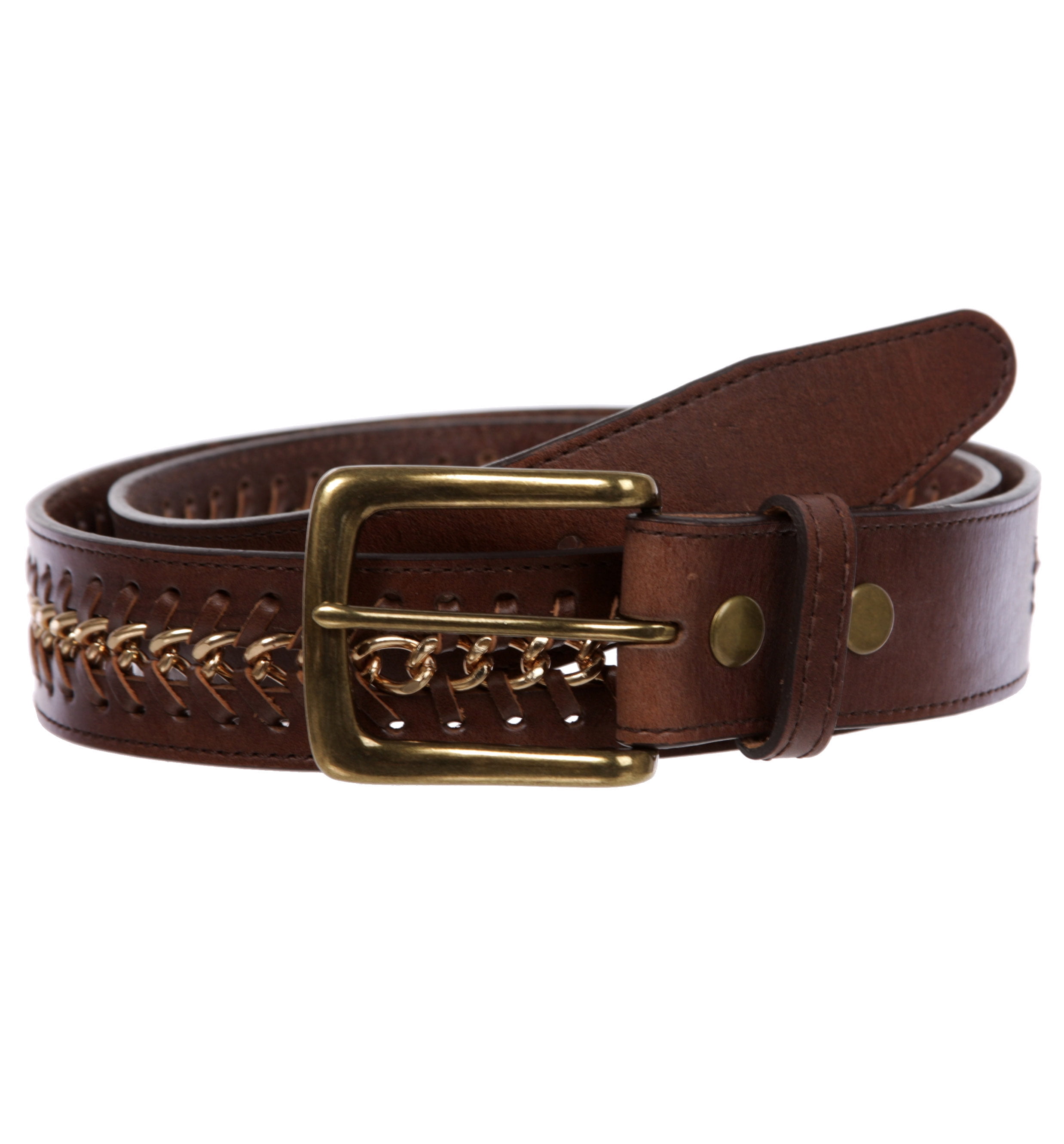 Men's Metal Chain Stitch Edge Cowhide Leather Belt