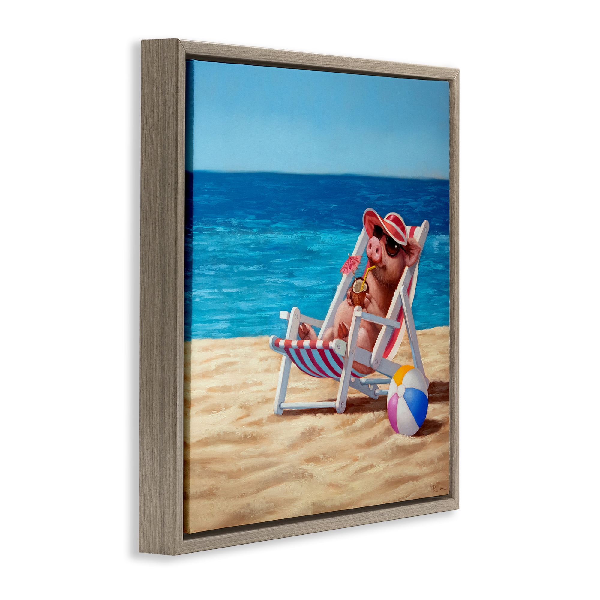 Stupell Industries Pig with Beach Cocktail Novelty Painting Brown Floater Framed Canvas Art Print Wall Art, 18 x 18