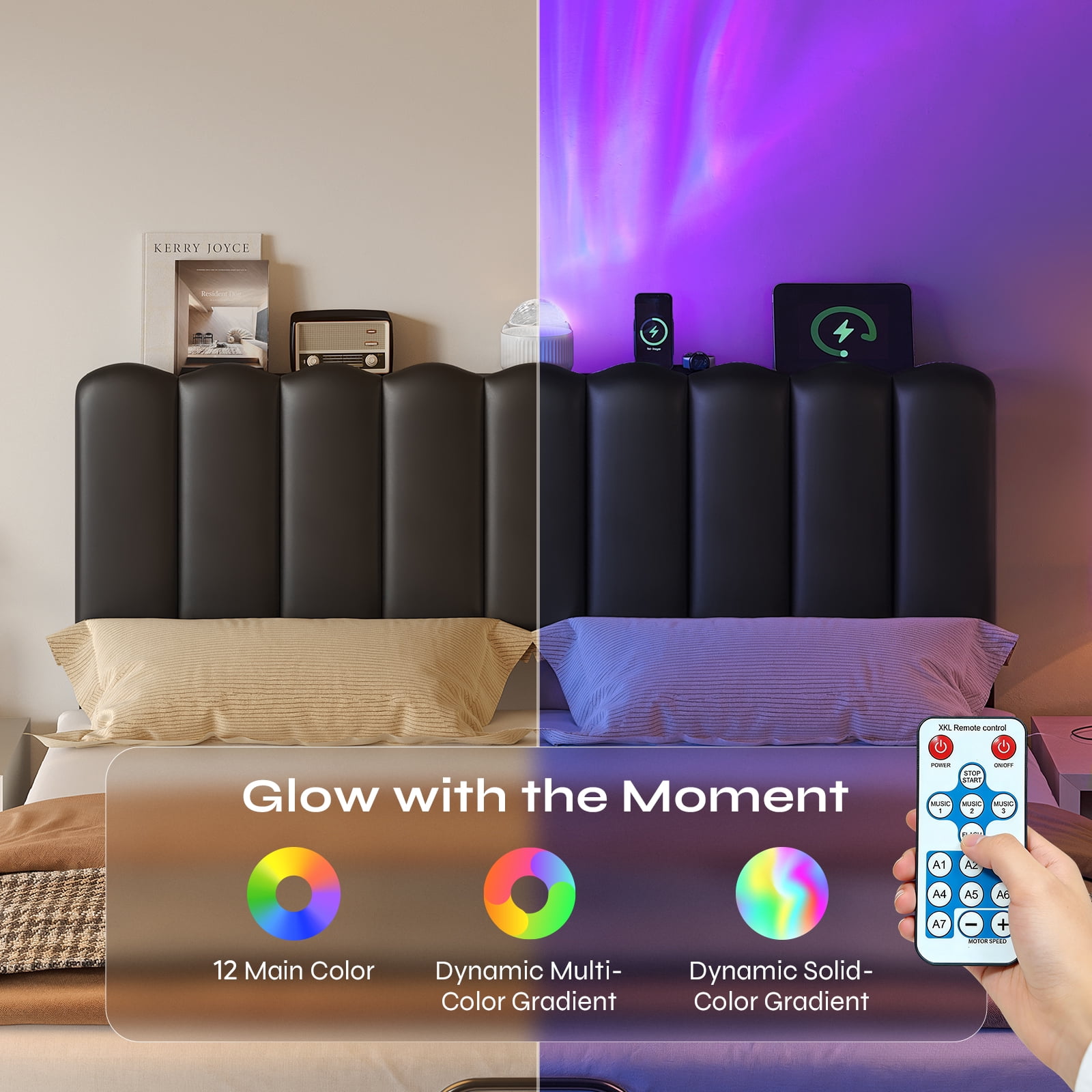 Pinmoco Upholstered Headboard with Storage Space and Charging Station for Full Size Bed, Galaxy Aurora Star Projector, Black PU Leather, Easy Assembly