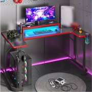 Bestier U-shaped Gaming Desk with Monitor Stand, LED Lights, Headphone Hooks, Cup Holder, 31.5 x 59 in, Carbon Fiber Black