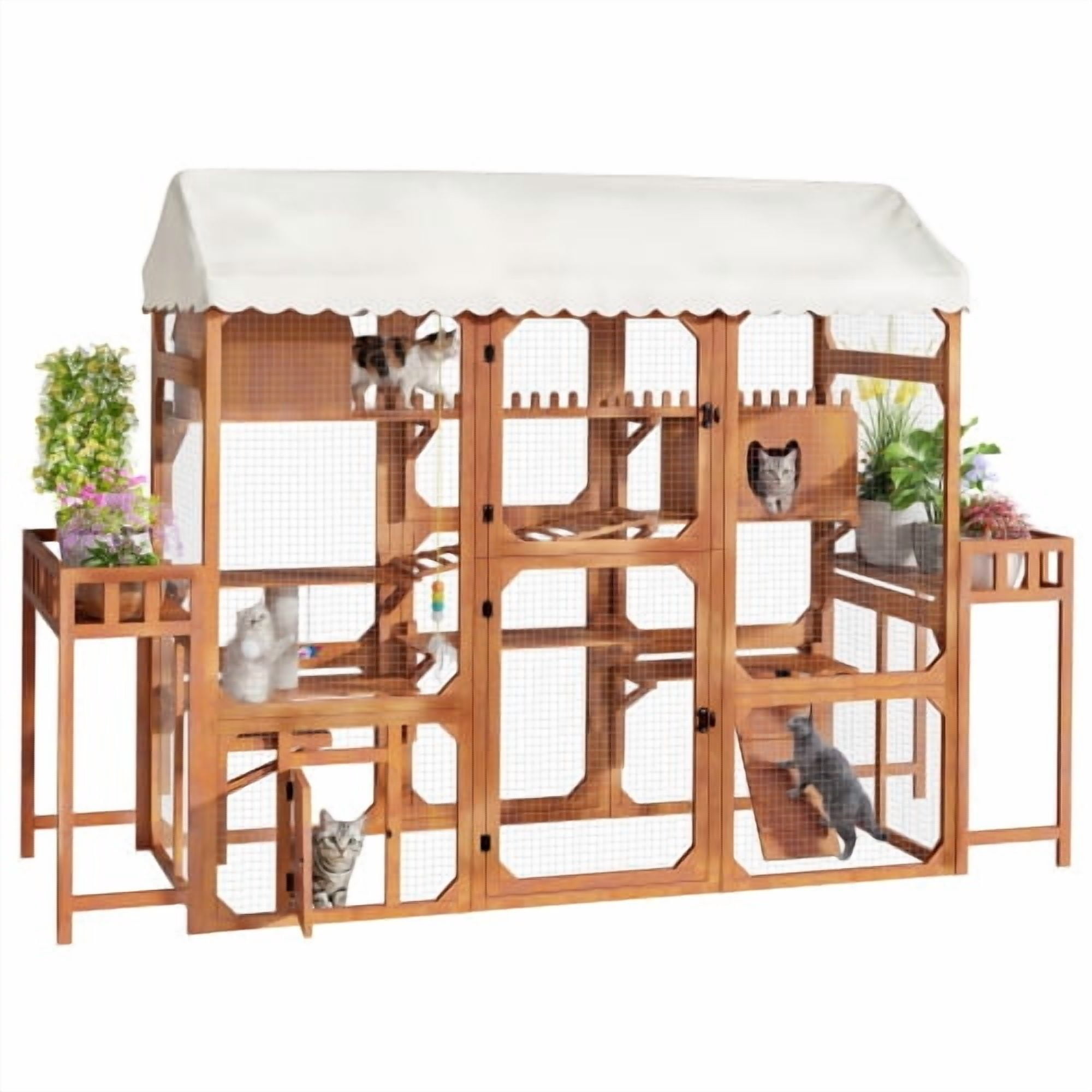 Large Outdoor Cat Enclosure Wooden Catio with Plant Stands and Multi-Level Playpen for Backyard Patio, Brown
