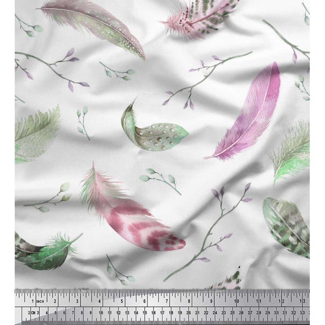 Soimoi Poly Georgette Fabric Branches & Artistic Feather Printed Fabric 1 Yard 52 Inch Wide
