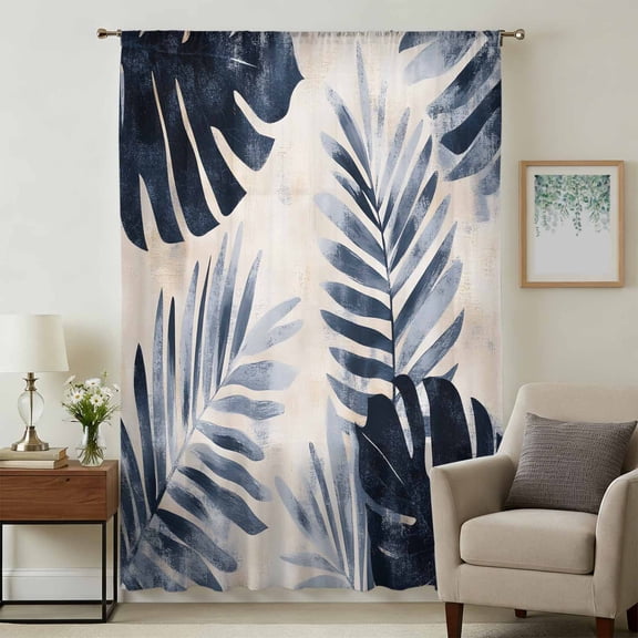 Navy Blue Palm Leaves Sheer Curtains 84 Inches Long, Tropical Botanical Retro Light Filering Curtains, Breathable Simi Curtain Privacy Drapes for Living Room Bedroom Lightweight Window Treatment
