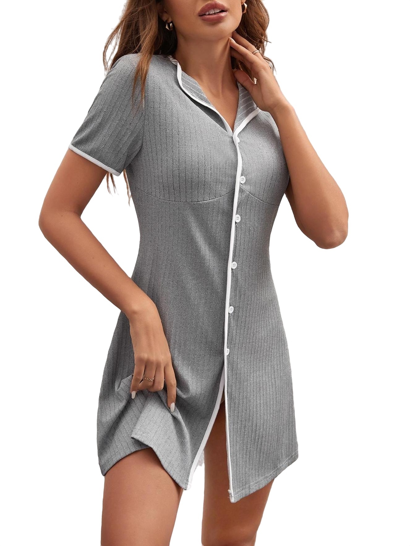 Casual Plain Collar Lounge Dress Short Sleeve Light Grey Women Lounge