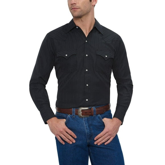 ELY CATTLEMAN Men's Long Sleeve Solid Tone on Tone Western Snap Shirt, Black, XX-Large
