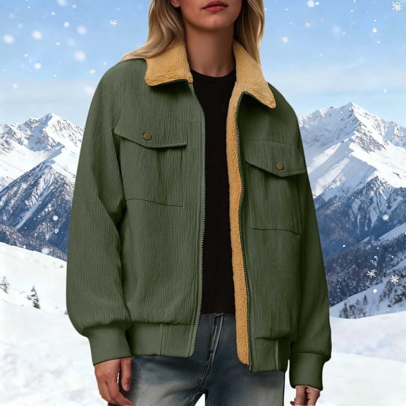 WIZUTIZ Women's Corduroy Zip Up Jacket Turndown Collar Button Pockets Long Sleeve Hoodless Casual