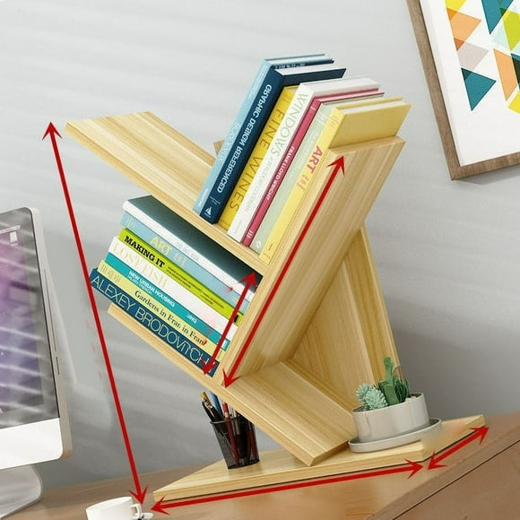 Tree Bookshelf Solid Wood Ingenious 3 Tier Space Saving Book Storage Organizer Shelves for Office Home School Light Walnut Color