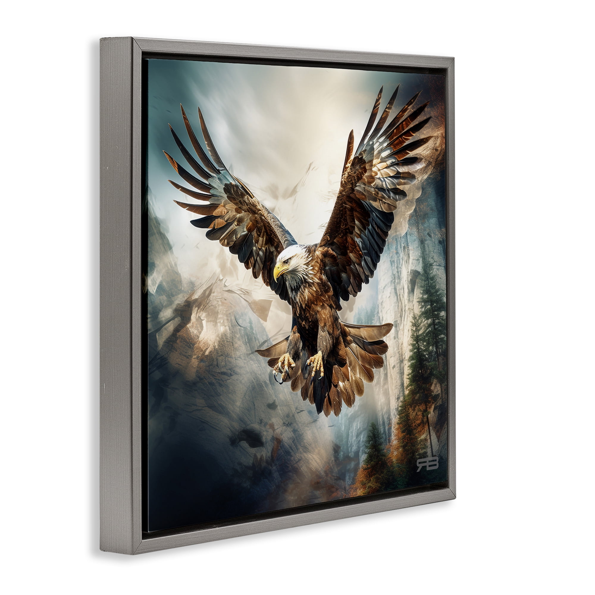 Stupell Industries Intense Eagle Spreading Wings Animals & Insects Painting Gray Floater Framed Canvas Art Print Wall Art, 18 x 18