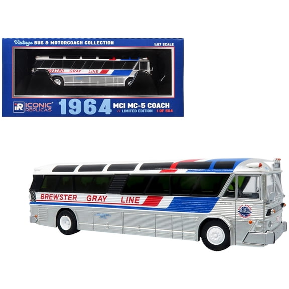 1964 MCI MC-5A Coach Bus Silver with Blue & Red "Vintage Bus & Motorcoach Collection" 1/87 (HO) Diecast Model by Iconic Replicas