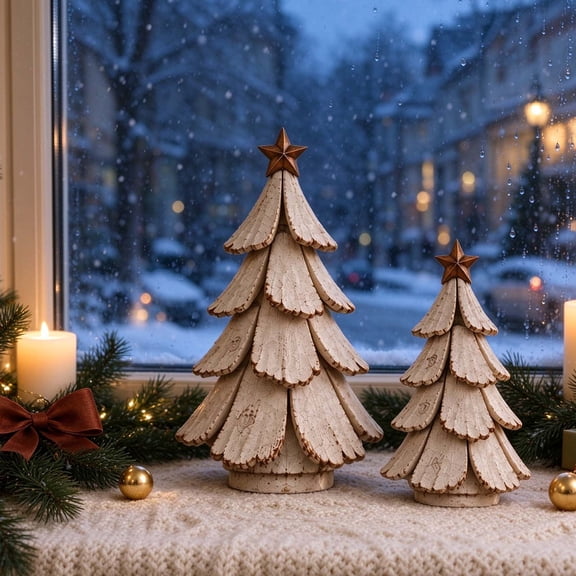 Lighted Christmas Tree Tabletop Statue, Vintage Style Holiday Decoration, Glowing LED Winter Ornament for Mantel and Shelf M