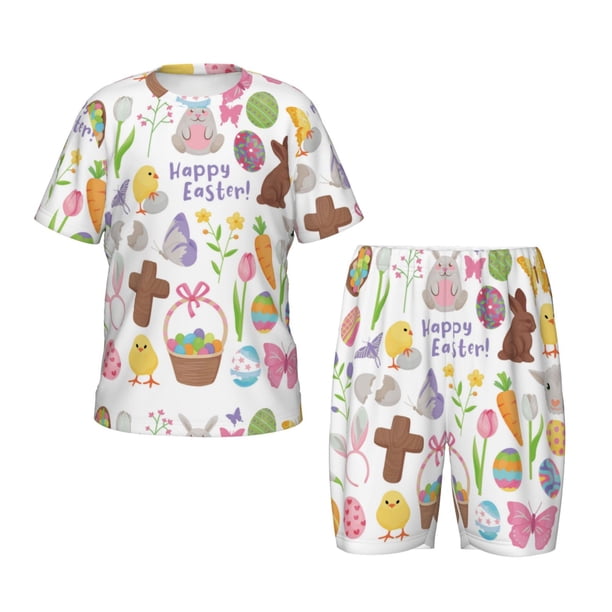 Balery Happy Easter1 Conjunto de Pijama Infantil de Manga Corta con Estampado – Ropa de Dormir de Algodón Suave-Medium