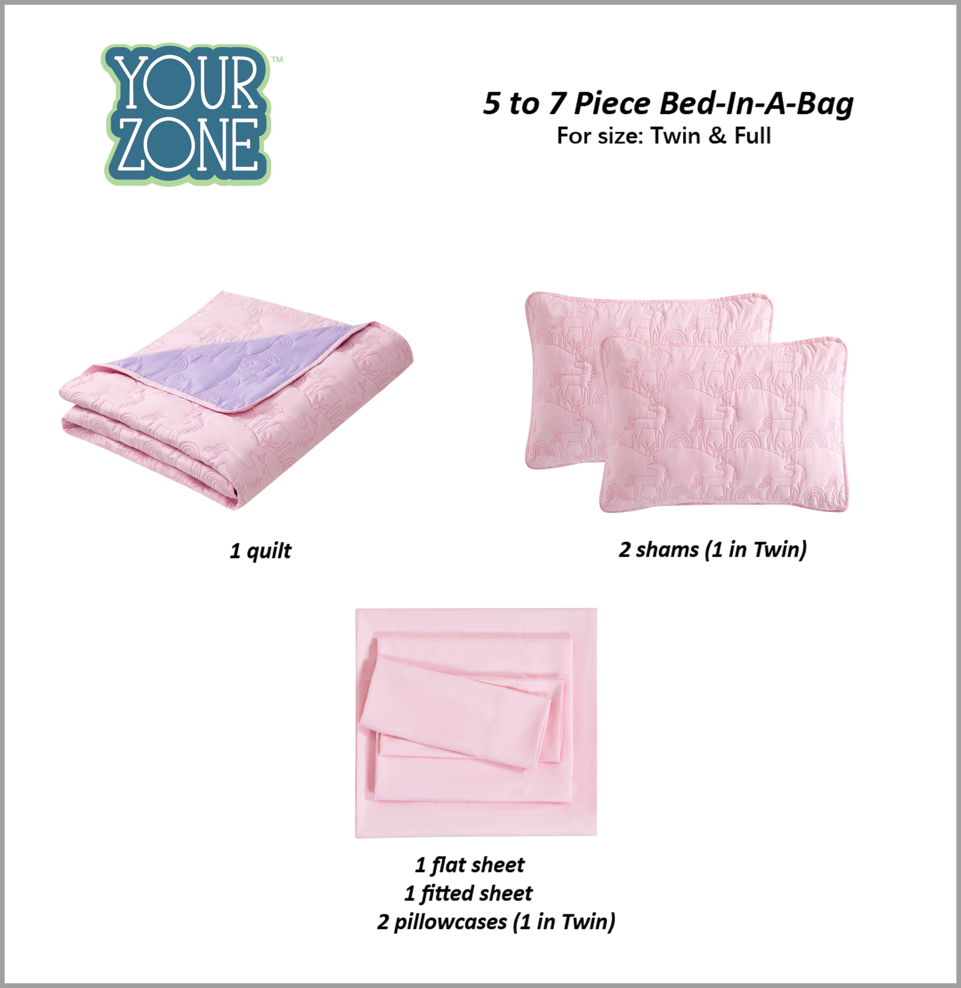 Your Zone Quilt Set with Sheets Animals & Insects Unicorn Purple Polyester Basic Weave, Twin - Reversible