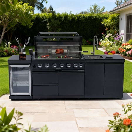 95" Deluxe 6-Burner 85000 BTU Outdoor Kitchen Island with Gas Grill, Integrated Refrigerator, Sink & Rotisserie Kit - 304 Stainless Steel BBQ Station, Granite Countertop, Black