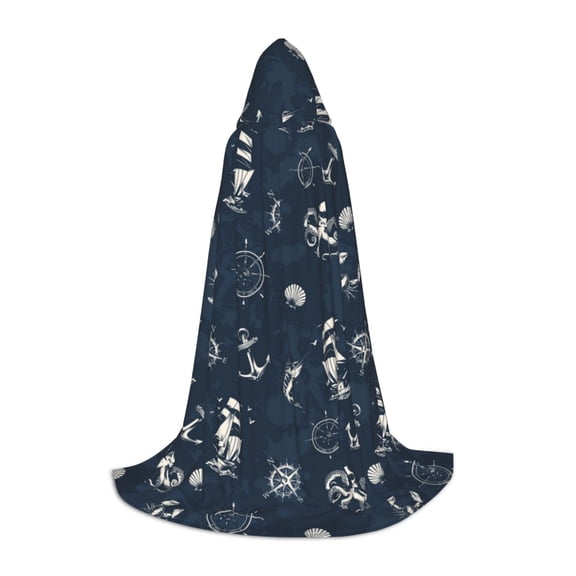 Honeii Vintage Marine Print Poncho Cape, Cloak Coat, Snuggly Hooded Wearable Blanket, Hooded Cape For Teenagers,Halloween Costumes-Small