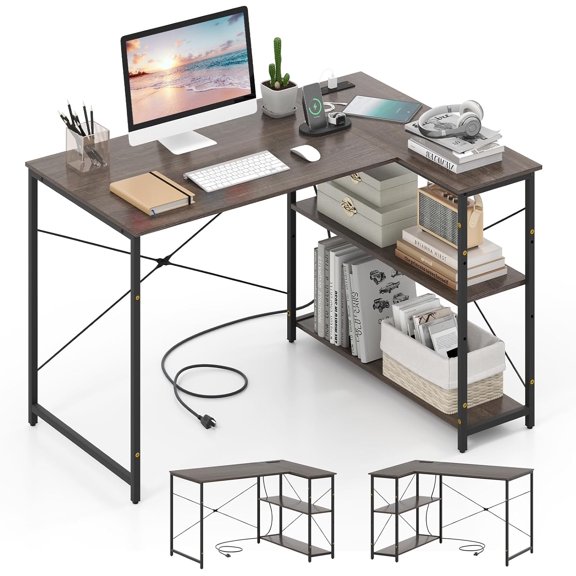 48-Inch L-Shaped Corner Computer Desk with Reversible Side Bookshelf – Home Office Gaming Desk (Grey)