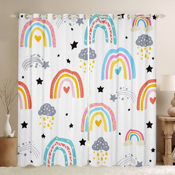 Manfei Vintage bohemian Rainbow Black Out Curtains,Cartoon Clouds Stars Curtains Pack of 2 (42x63 Each),Colorful Striped Bedroom Curtains For Kids Girl, Microfiber Bedroom Decor