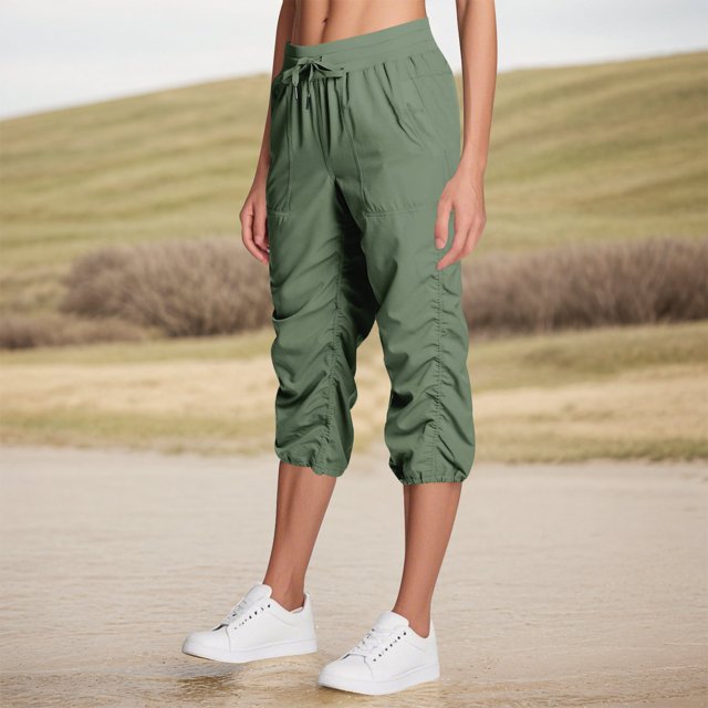Capris d'Entraînement pour Femmes Bas Resserré Ajustable Respirant Pantalon Cargo Taille Élastique à Cordon Séchage Rapide à Enfiler avec Poches Vert Armée P