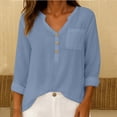 thumbnail image 2 of Sevevn Women's V Neck Long Roll Tab Sleeve Blouse Half Button Casual Linen Blend Top with Chest Pocket Light Blue M, 2 of 9