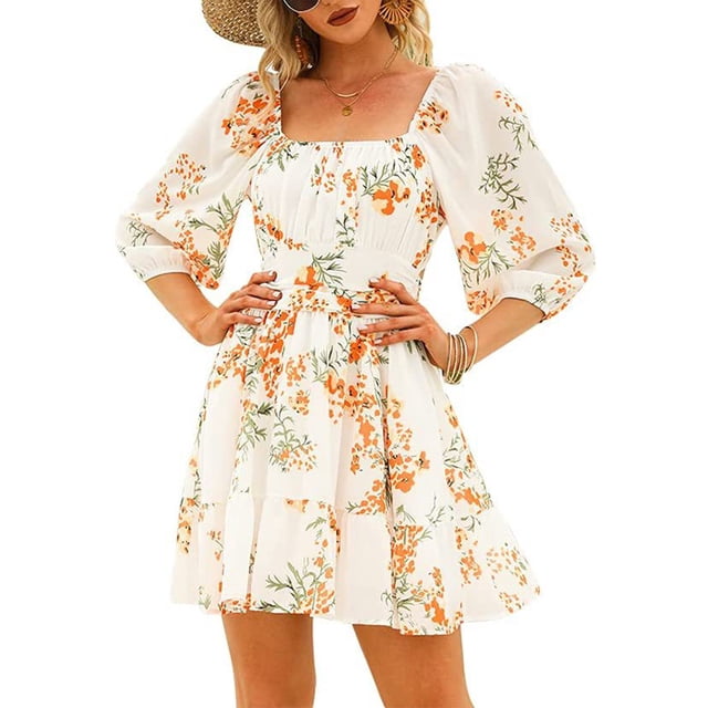 VISgogo Vestido de manga farol para mujer con decoración de volantes, ropa de verano de cintura alta con escote cuadrado de lunares VISgogo moda