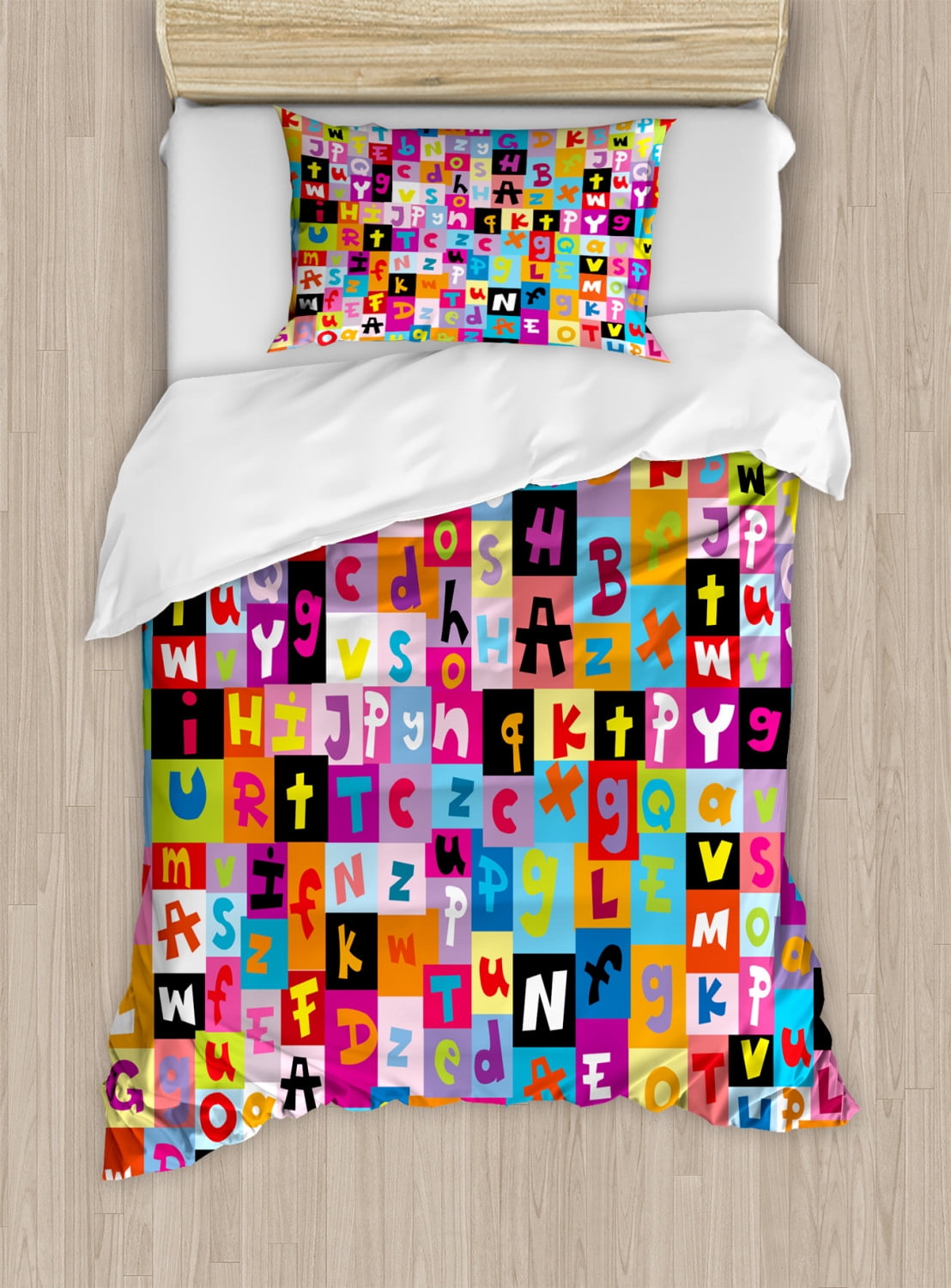 Abstract Twin Size Duvet Cover Set, Colored Alphabet Letters Pattern