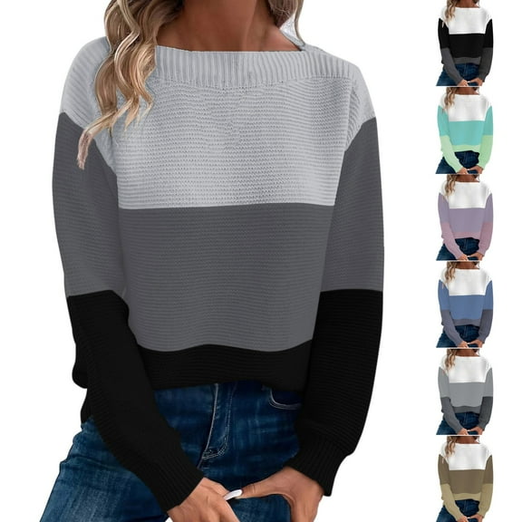 Drindf Cable Knit Crewneck Sweaters for Women Fall Casual Knitwear Trendy Color Block Pullover Sweater Warm Long Sleeve Shirts Loose Fitted Jumper Tops