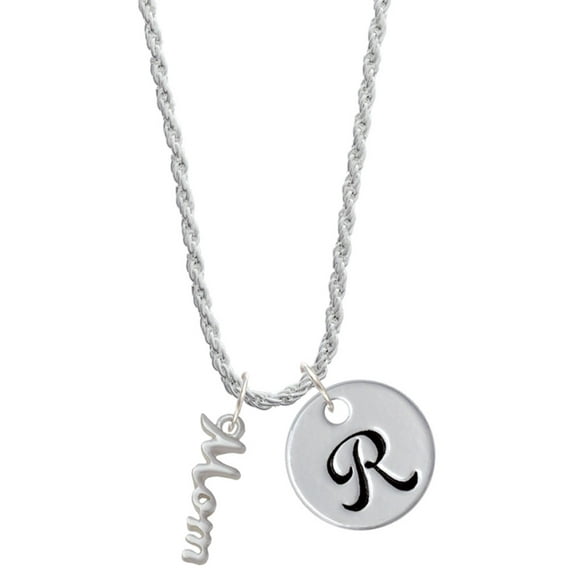 Delight Jewelry Silvertone Small Mom Script Silvertone Script Initial Disc - R - Charm Necklace, 20"+3"
