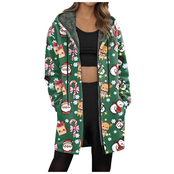 larppty Women's Long Warm Teddy Fleece Jacket - Hooded Elegant Plush Christmas Transition Winter Coat（Dark Green，L）