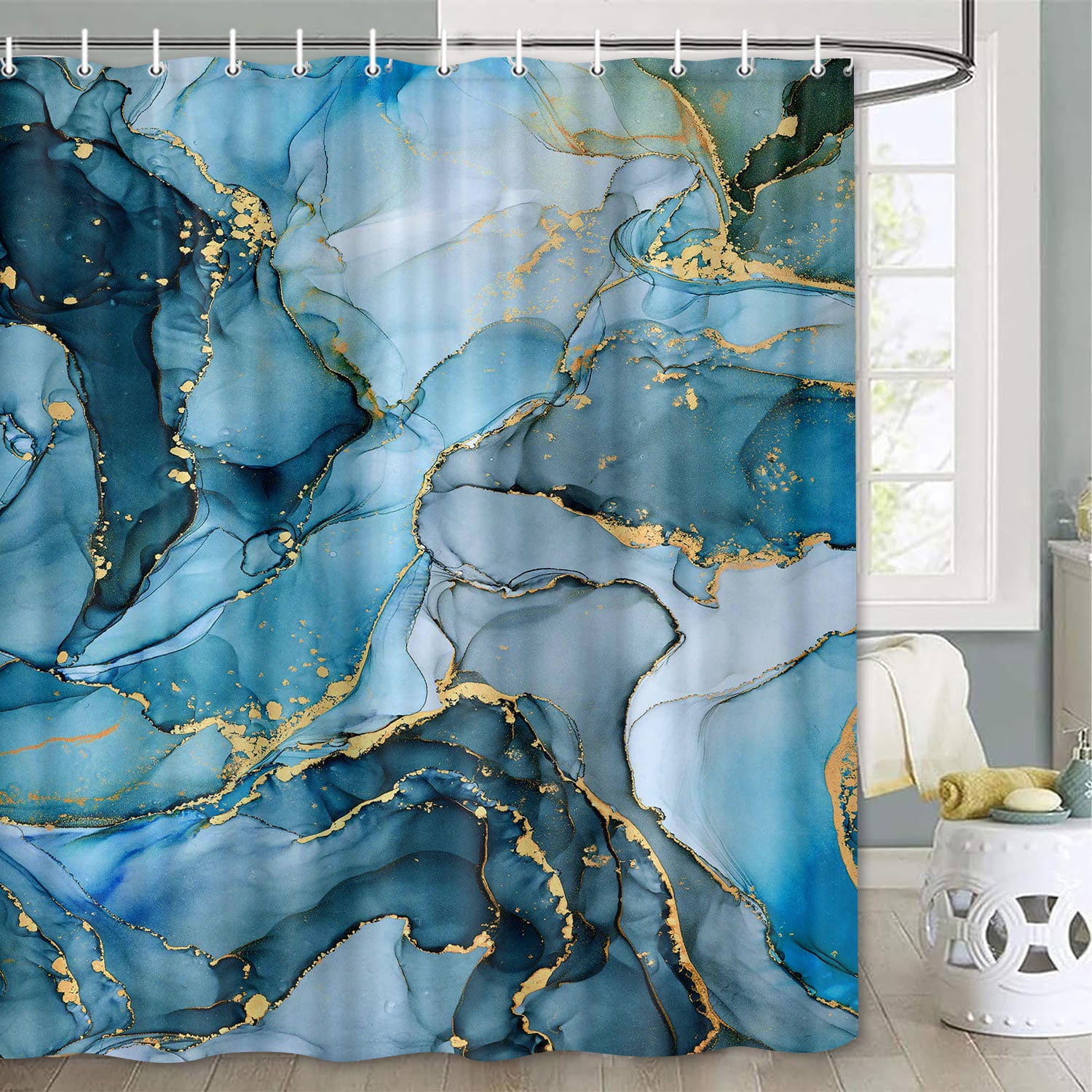 Blue Marble Bathroom Shower Curtain Set with Hooks 69X75in