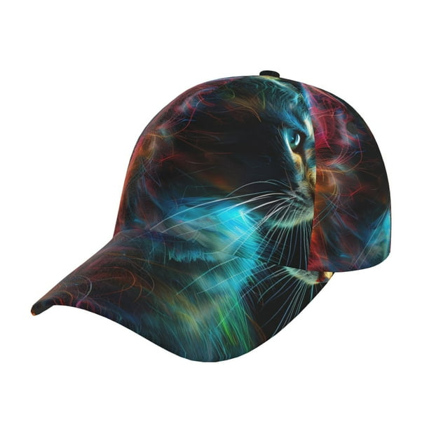 Balery Neon Spectrum Cat Portrait Gorra de béisbol de tamaño ajustable para correr, entrenar y actividades al aire libre. Gorra de papá para todas las estaciones.
