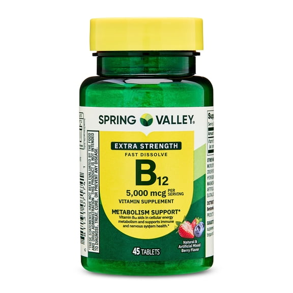 Spring Valley Vitamin B12 Tablets, Mixed Berry, 5000 mcg, 45 Count, Metabolism Support Fast Dissolve