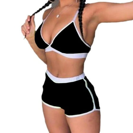 

Sherrylily Women Bikini Sets Spaghetti Strap V Neck Bra and Elastic Sports Shorts Gym 2 Pieces Suit