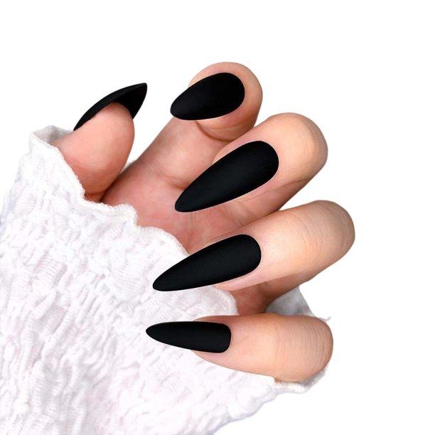 24 uñas postizas mate de color puro, tamaño mediano, largas, estilo stiletto y almendra, para manicura de dedos artificiales para mujeres y niñas (negro)