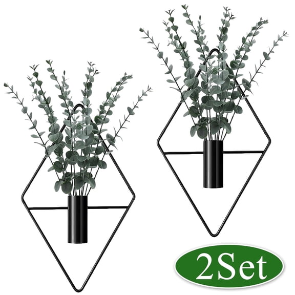 Metal Hanging Planters with Artificial Eucalyptus - Geometric Wall Vases for Bathroom,Living Room,and Office Decor,2 Pcs