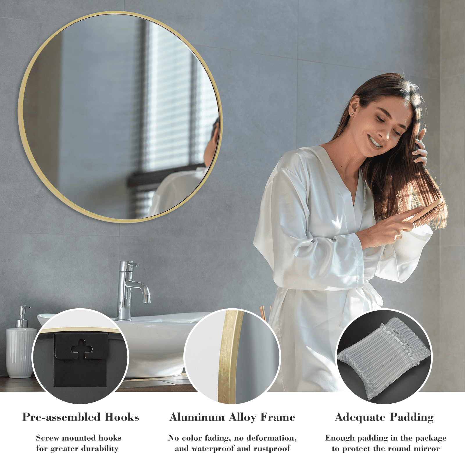 MAYEERTY 30" Round Wall Mirror - Aluminum Frame, Suitable for Vanity, Bathroom & Living Room, Gold