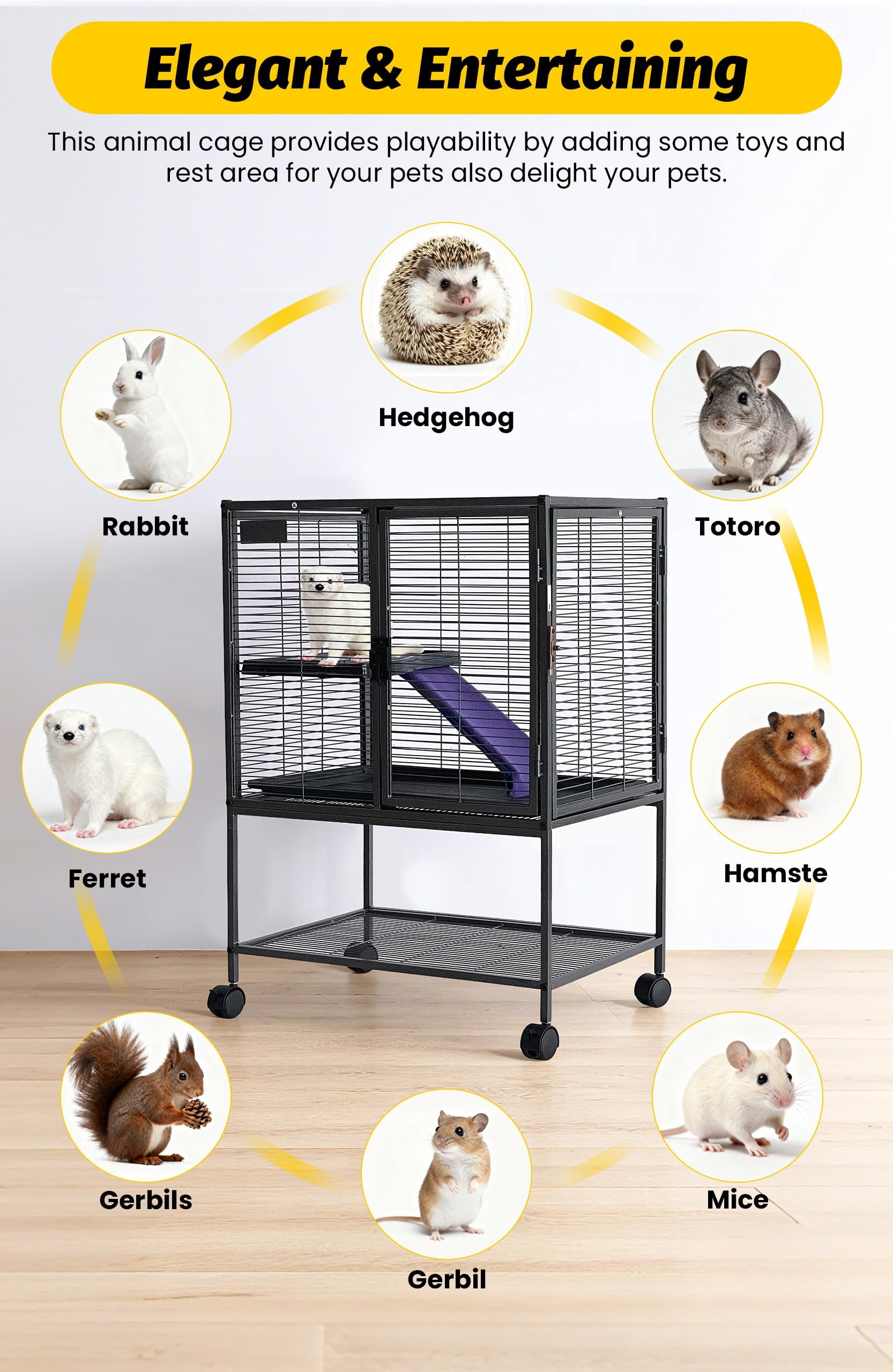 Metal Small Animal Cage,34 ''H Multi-Level Ferret Cage for Small Animals - Large Hamster Cage with Ramp, Extra Storage Stand, RemovableTray for Chinchilla, Rabbit, Guinea Pigs, Hedgehog, Gerbil