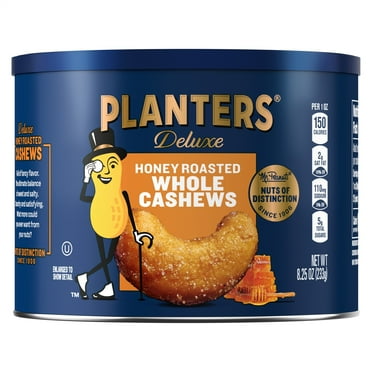 PLANTERS Deluxe Honey Roasted Whole Cashews, Sweet and Salty Snacks, Plant Based Protein 8.25 oz Steel Can