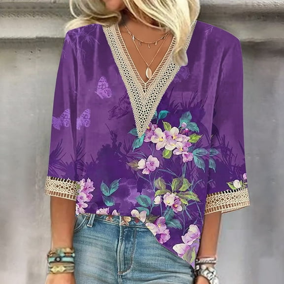 AOOCHASLIY Women Fall Tops Fashion Women's V-Neck 3/4 Sleeve Print Casual T-shirt Blouse