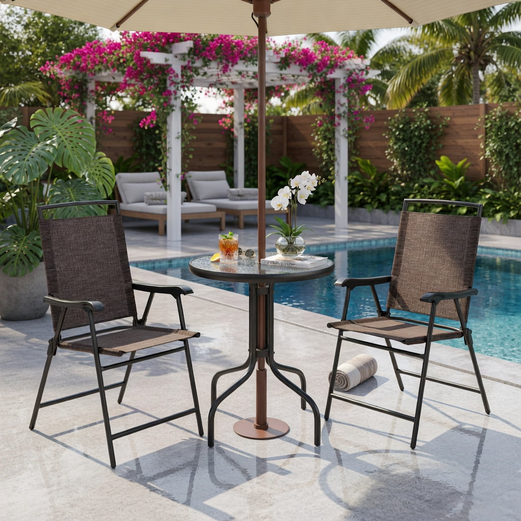 Hommoo 3-Piece Outdoor Patio Set, Round Tempered Glass Table & 2 Folding Chairs with Breathable Fabric Seats, Compact for Balcony & Small Spaces, Brown