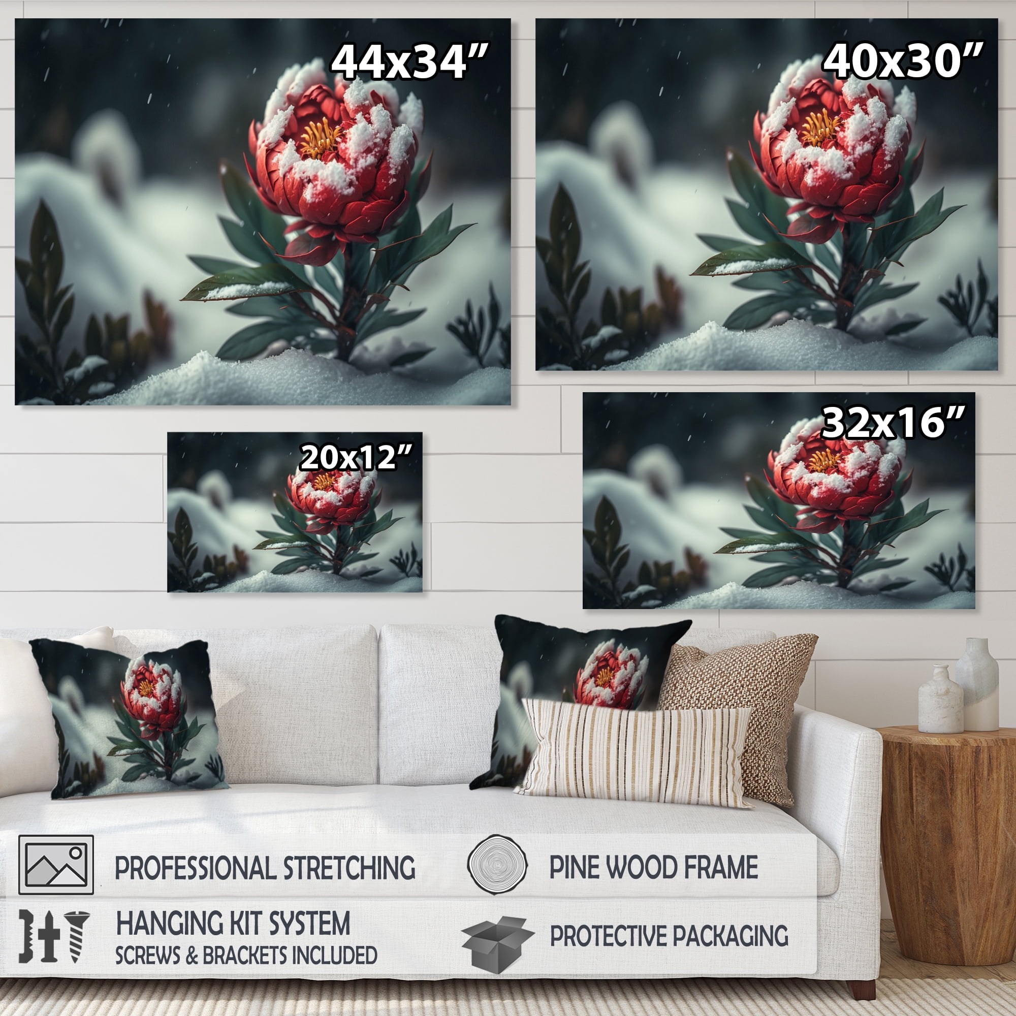Designart A Blooming Red Peony Flower In Winter II Canvas Wall Art