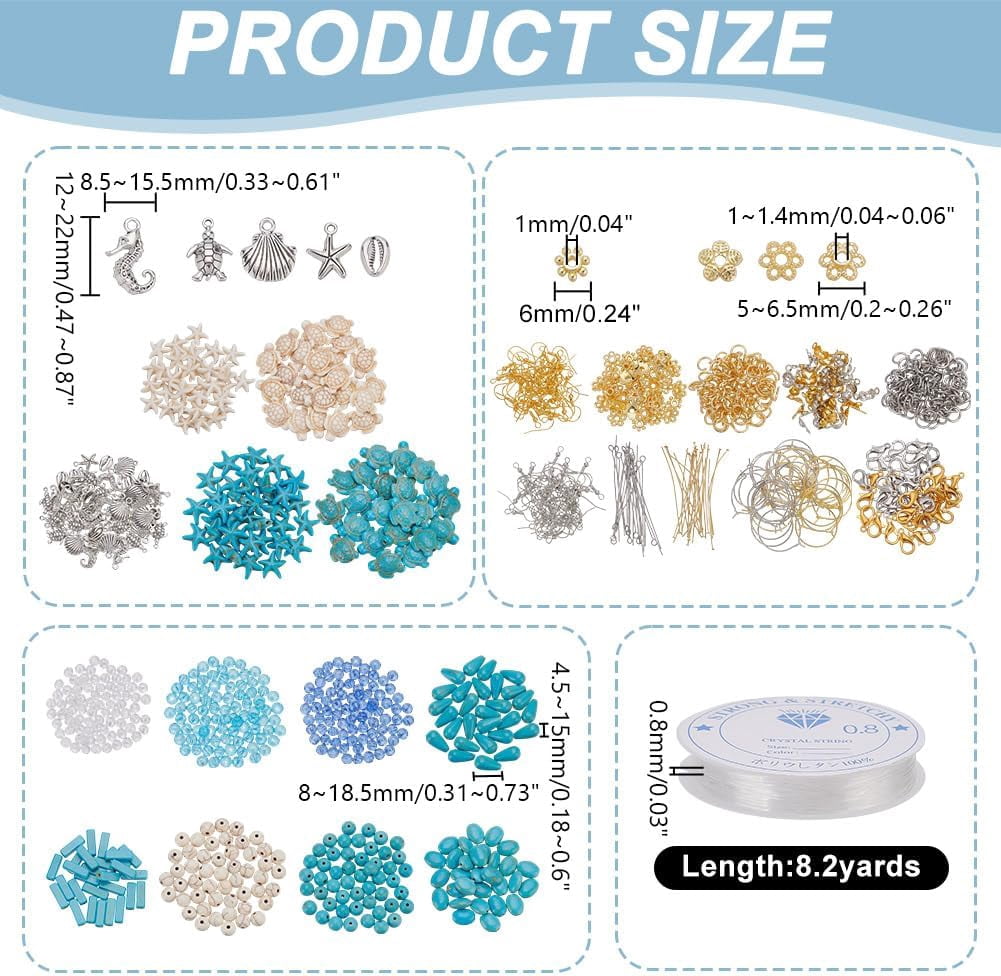 1115 Pcs Turtle Turquoise Earring Making Kit Including Starfish Beads Sea Turtle Beads Flower Bead Caps Open Jump Rings with Elastic Thread for Jewelry Necklace Earring Making for diy