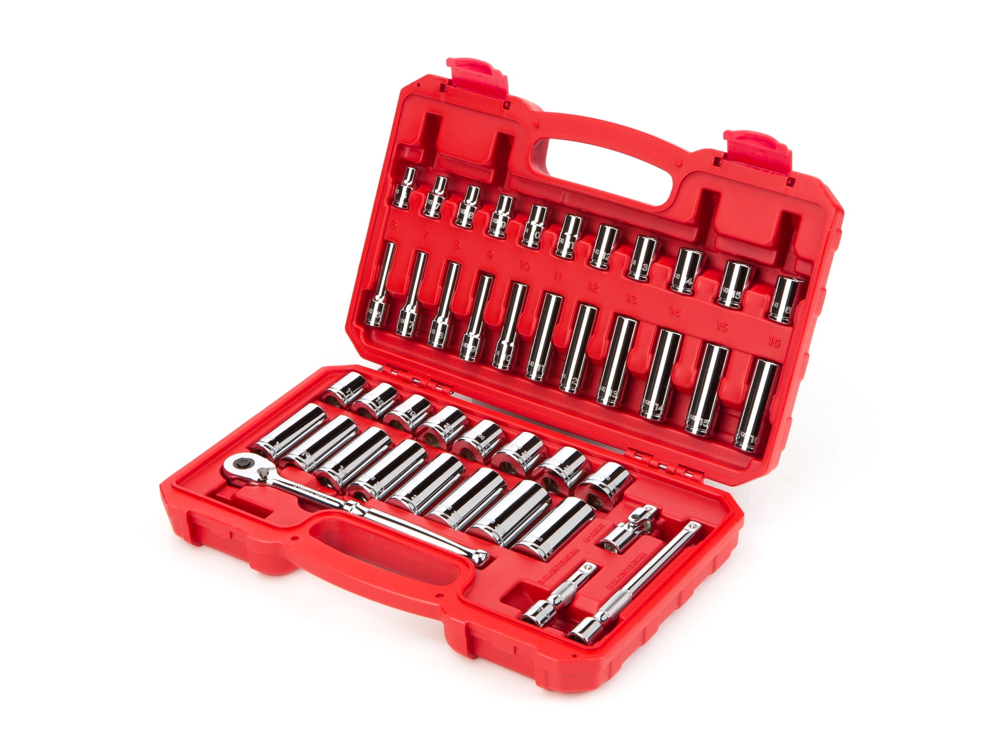 TEKTON 3/8 Inch Drive Shallow and Deep 6-Point Socket and Ratchet Set with Case, 42-Piece (6 - 24 mm) | SKT15201
