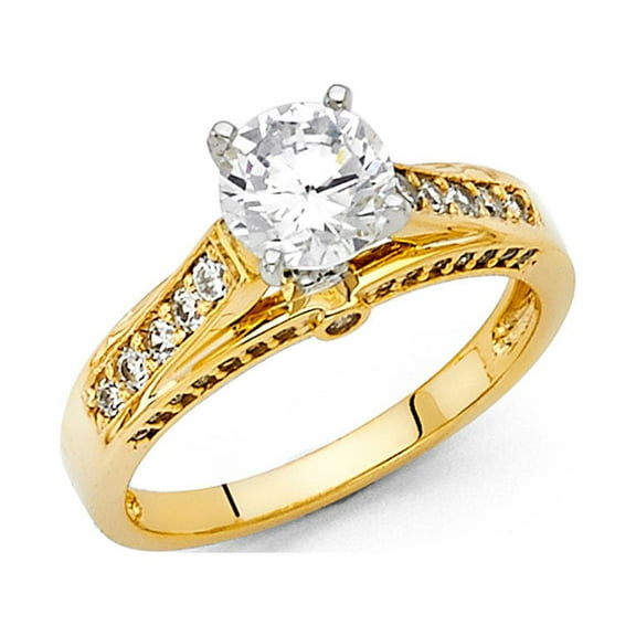CZ Engagement Ring 14k Yellow Gold Anniversary Round CZ Bridal Designer Style Band Side Stones Size 7