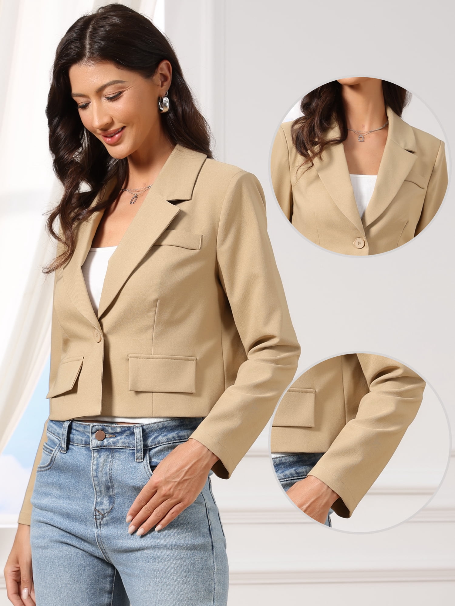 DARING DIVA Women's Notched Collar Long Sleeve Suit Jacket Casual Blazers M Khaki