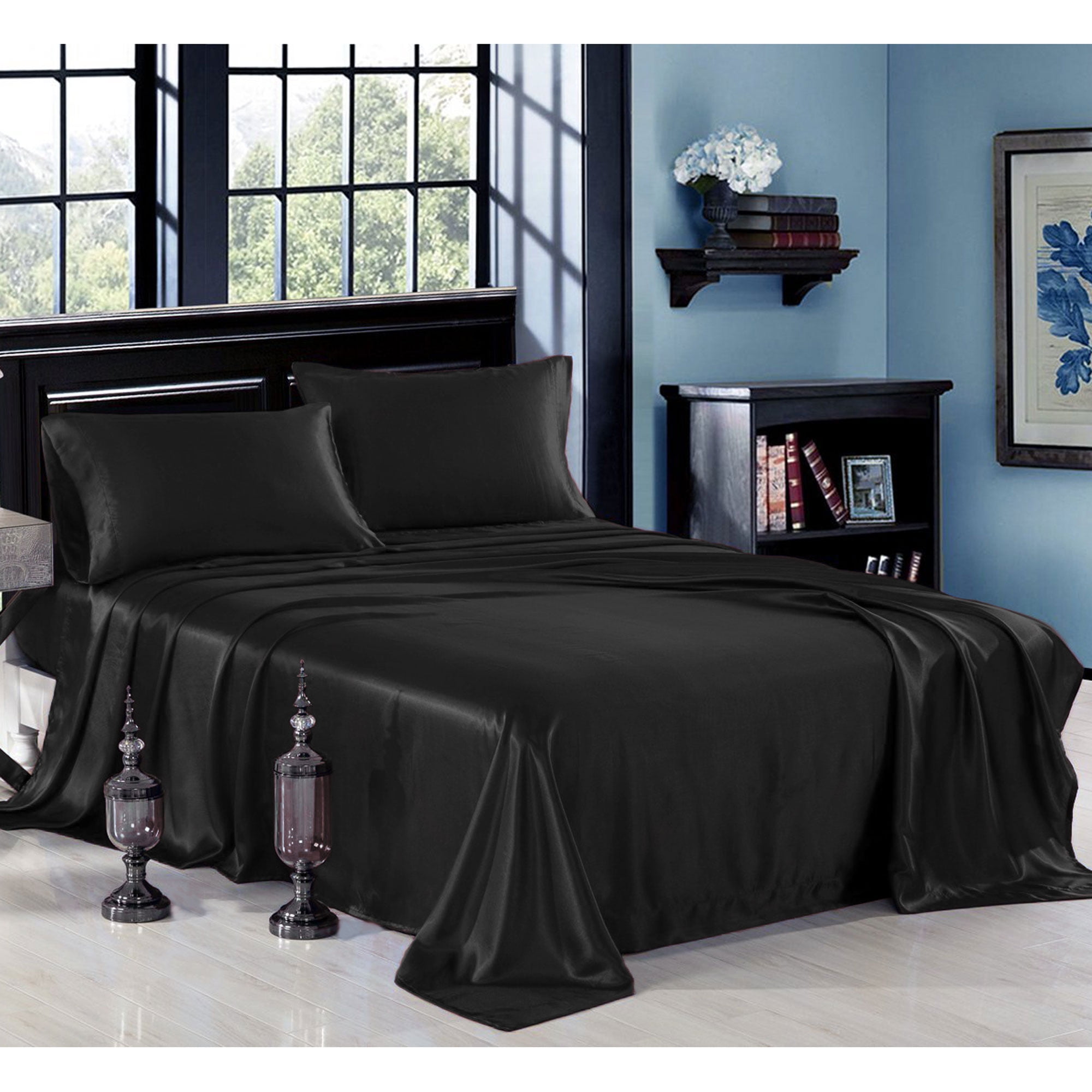 4-Piece QUEEN size Deep Pockets SOLID GOLD Soft Silky Charmeuse Satin Sheet Set Fitted and Pillow Cases Flat