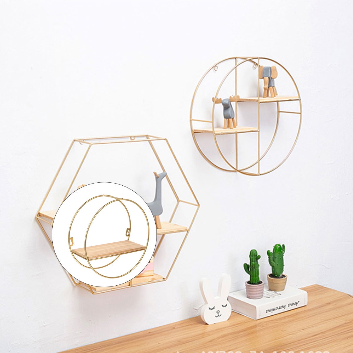 Soimiss Wood Floating Shelves with Iron Frame Nordic Style Geometric Wall Rack