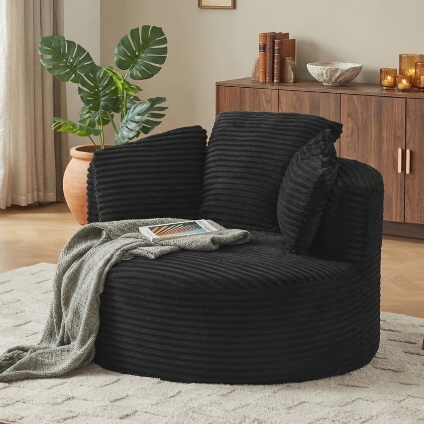 Aukfa Modern Corduroy Round Accent Chair, Compressible Chaise Lounge for Living Room & Bedroom, No Assembly,Black