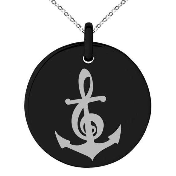 Stainless Steel Nautical Music Is My Anchor Treble Clef Engraved Small Medallion Circle Charm Pendant Necklace