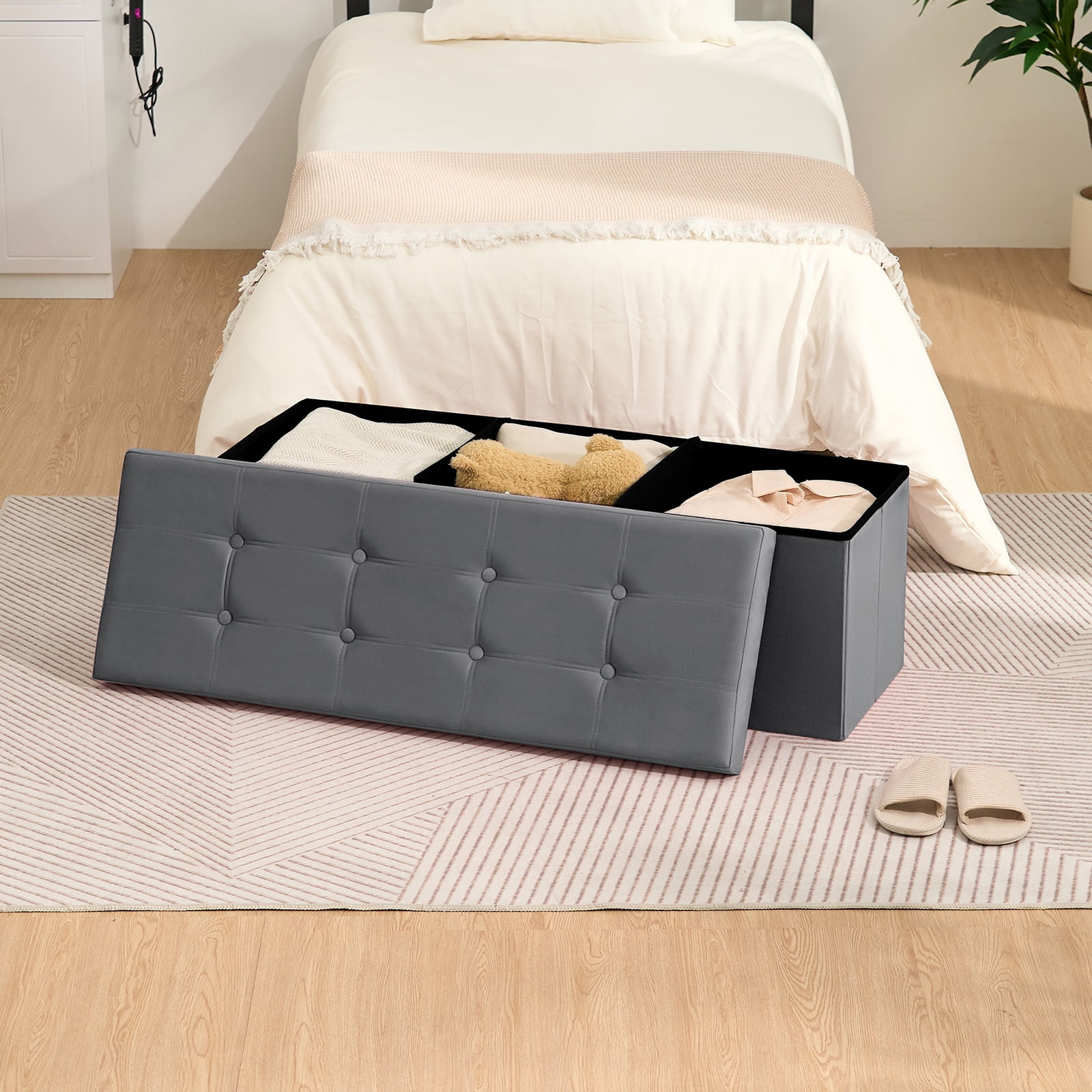 LUSIMO Ottoman with Storage 43" Velvet Storage Bench Folding End of Bed Bench Hold up to 660lb Footstool for Bedroom Living Room, Dark Grey