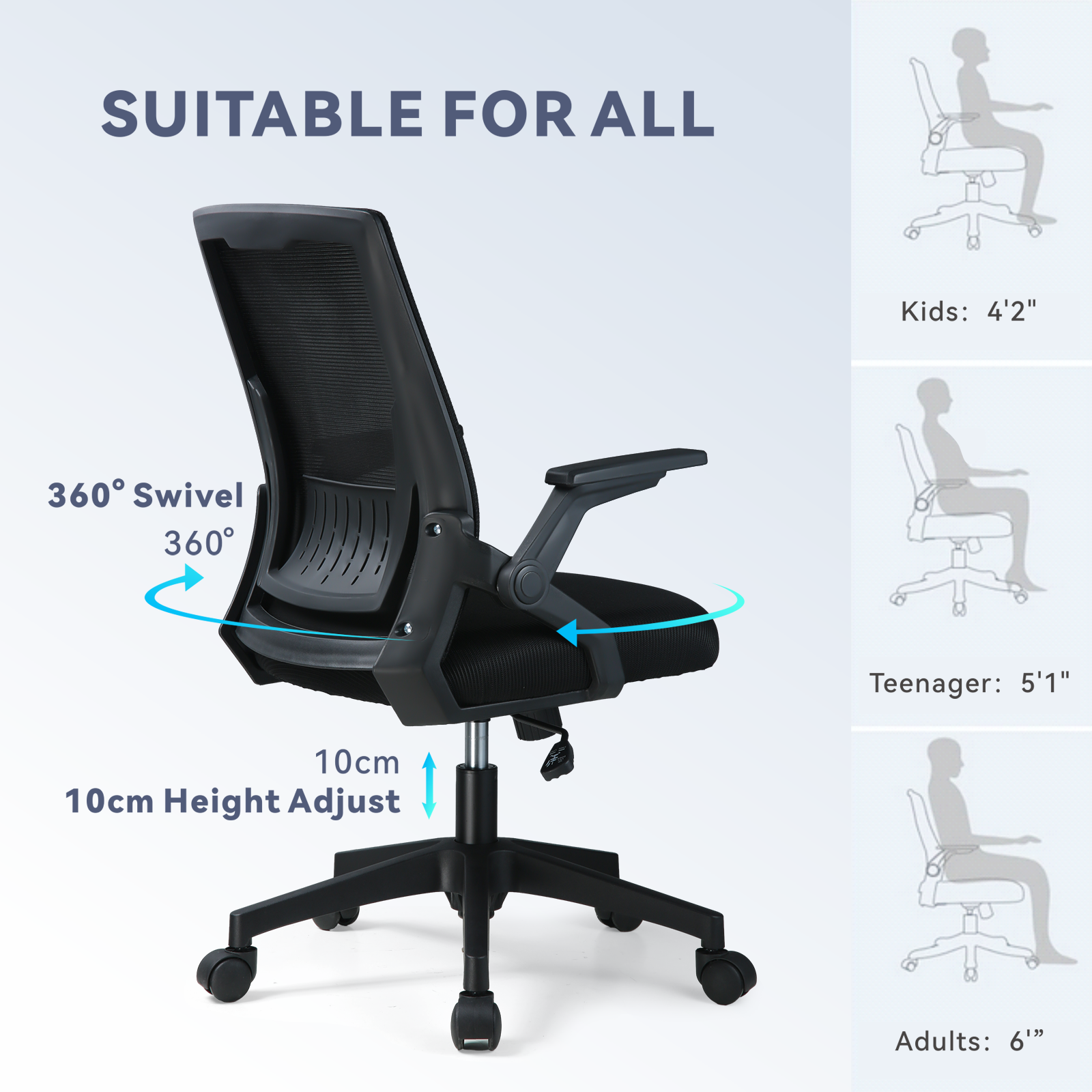 COMHOMA Mesh Office Chair with Flip-Up Armrests Mid Back Computer Chair, Black - image 2 of 8